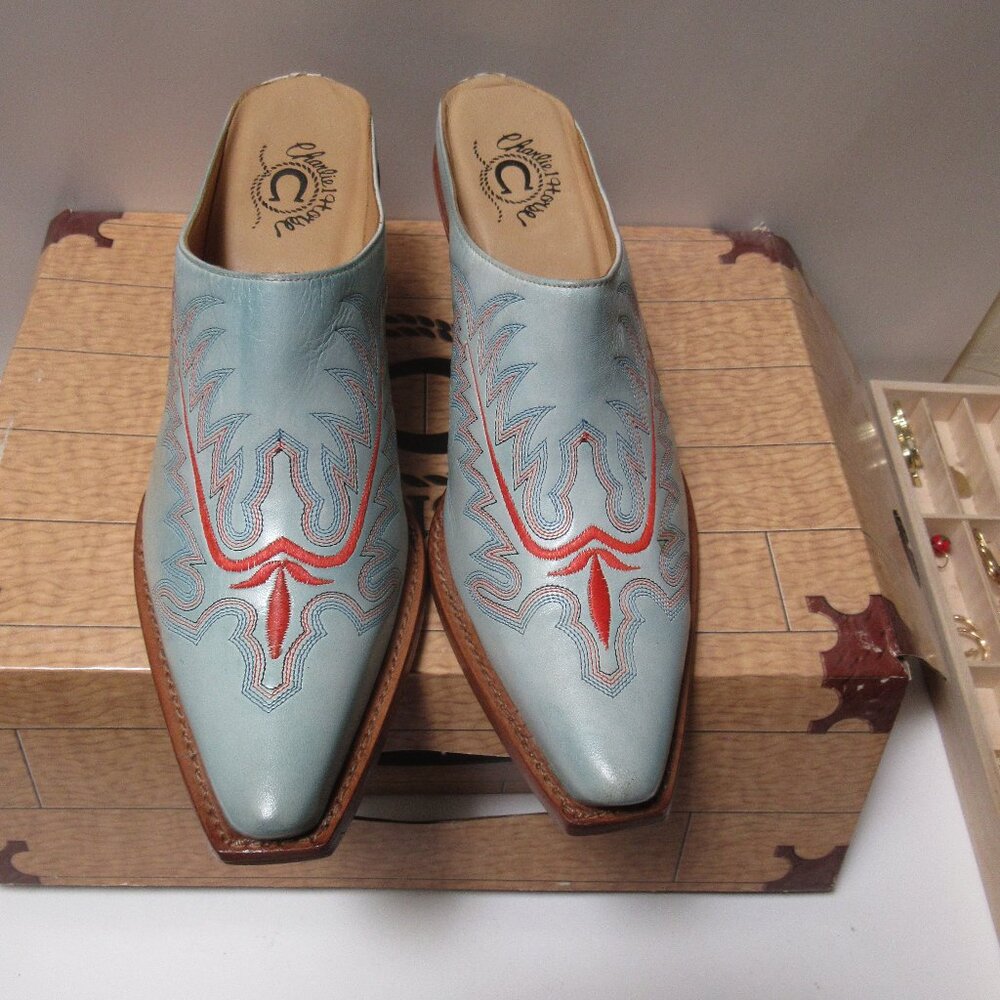 Lucchese Light Blue & Red Embroidered Leather Mules - Picture 2 of 11